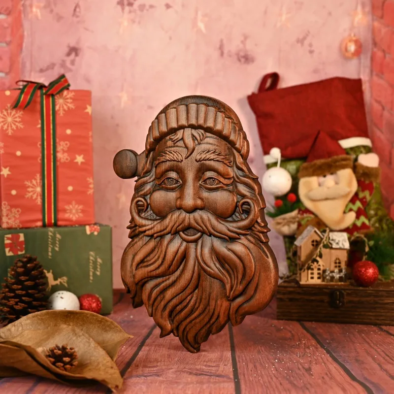 Christmas Wood Santa Claus Wall Decoration Sculpture Home Furnishing Woodcarving Ornaments