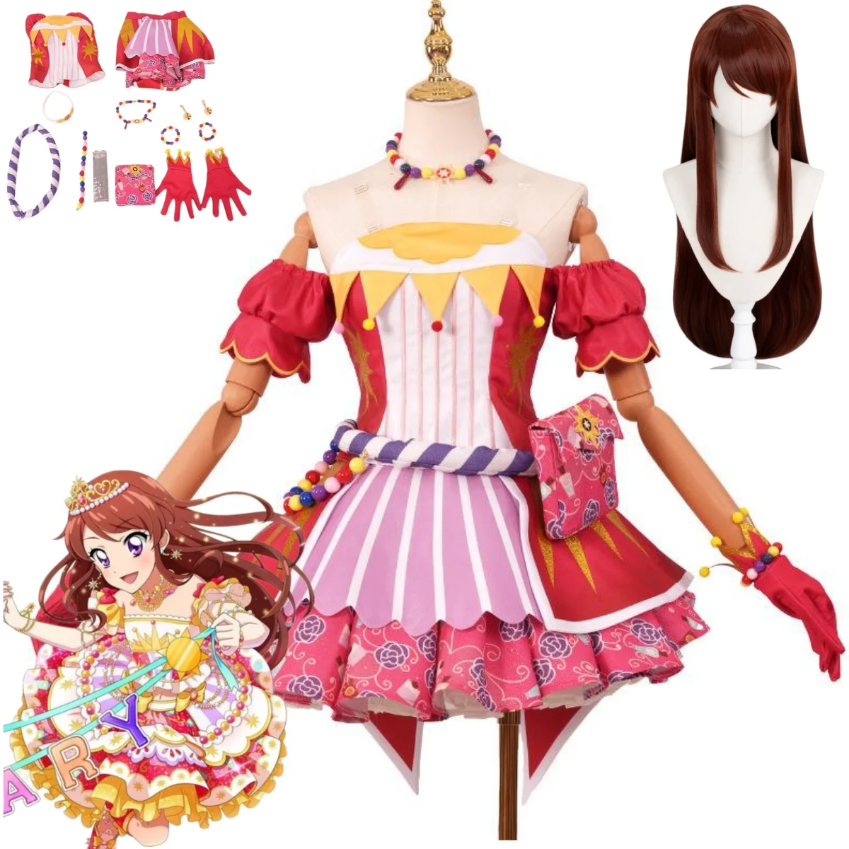 

Anime Game Aikatsu! Series Shibuki Ran Cosplay Costume Soleil Sun Team Jersey Red Evening Dress Wig Woman Cute Masquerade Suit