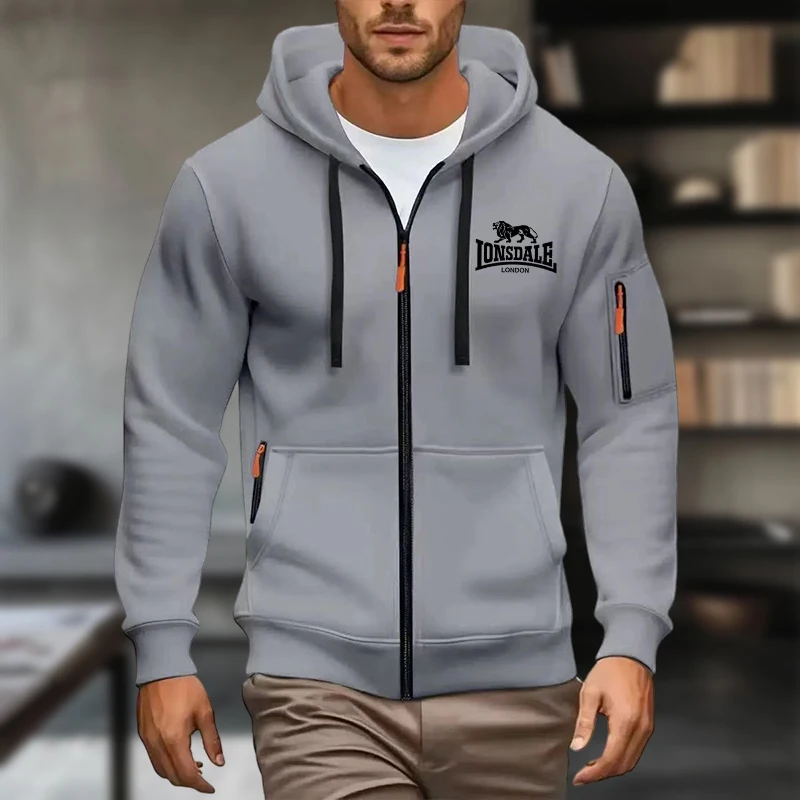 New Men's Zip-Up Color Hoodie with Casual Fall/Winter Top Raglan Sleeves Hoodies Sweatshirt Male
