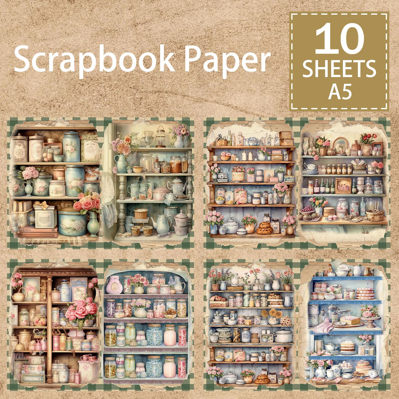Vintage Grunge Journal Planning Scrapbooking, Vitrine, Armoires, HI Jars, Bouilloires, Vases, Background, Format A5, 10 Feuilles