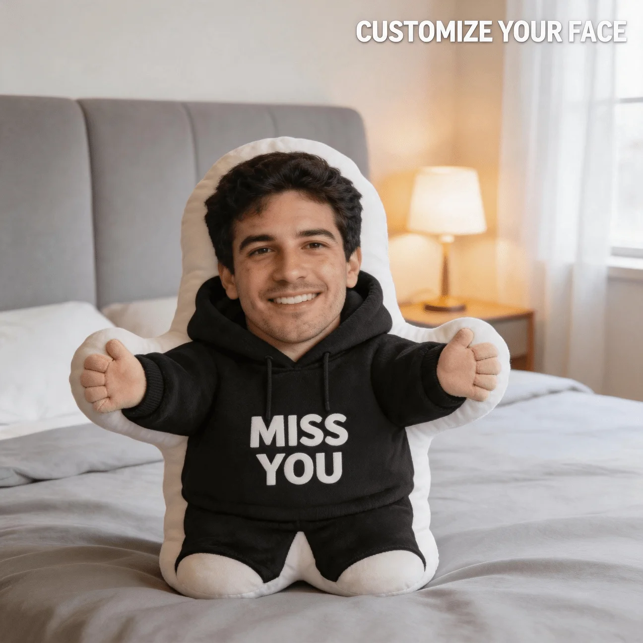 Custom Face Personalized Photo Shaped Pillow, Cute Human Figure Decorative Cushion with Miss You Hoodie Design, 23.62inch Large