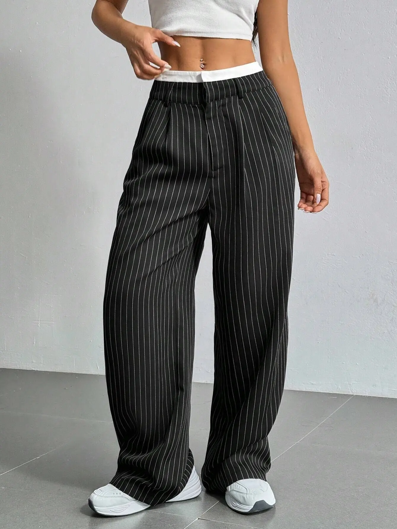 

Women's High Waisted Striped Wide Leg Pants Contrast Waistband Casual Loose Pleated Trousers Streetwear Fashion For Daily Wear