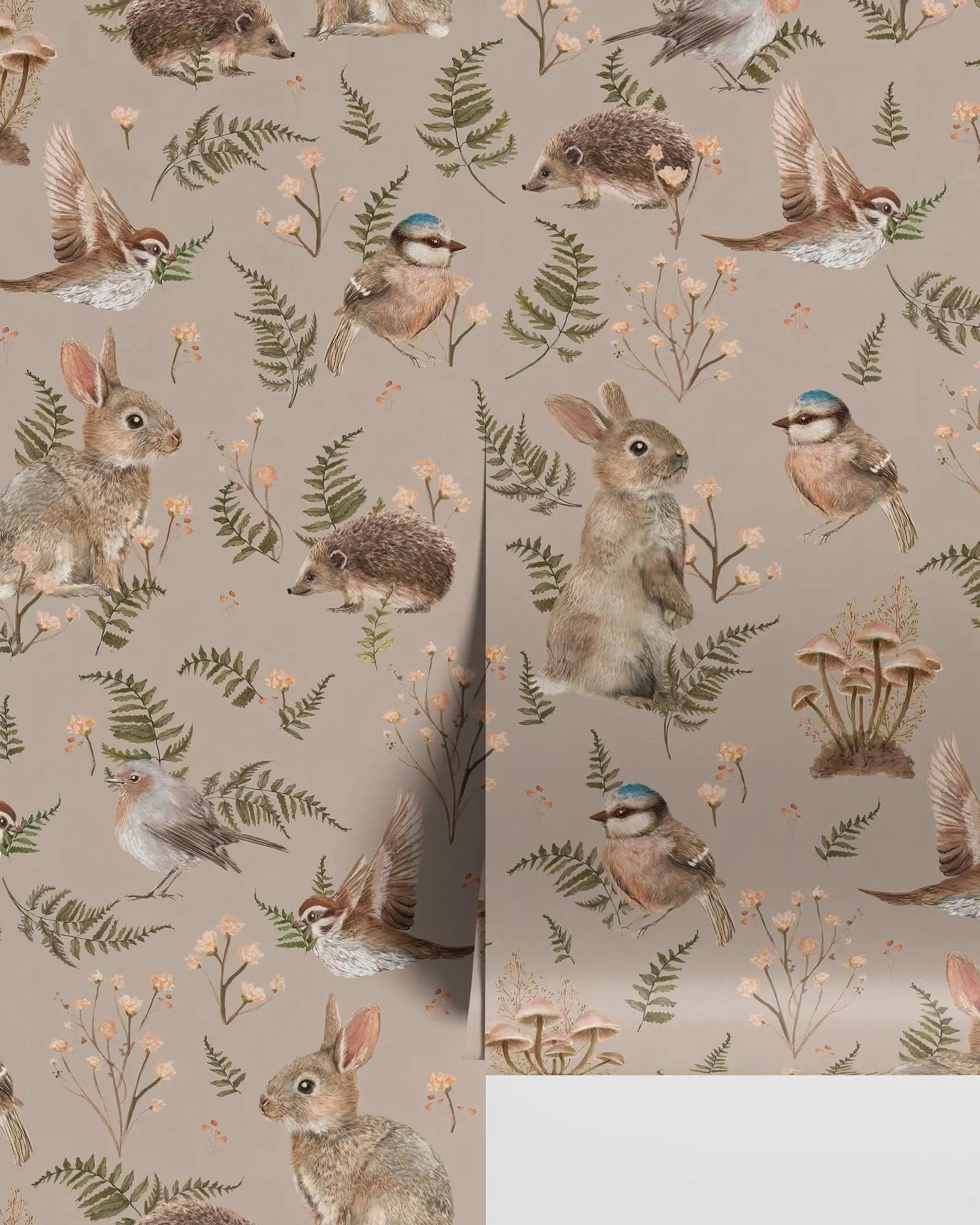 Nursery Forest animals Wallpaper with little cotton-tailed bunnies, sparrows and blue birds Playing in Forest in Dusty Rose back