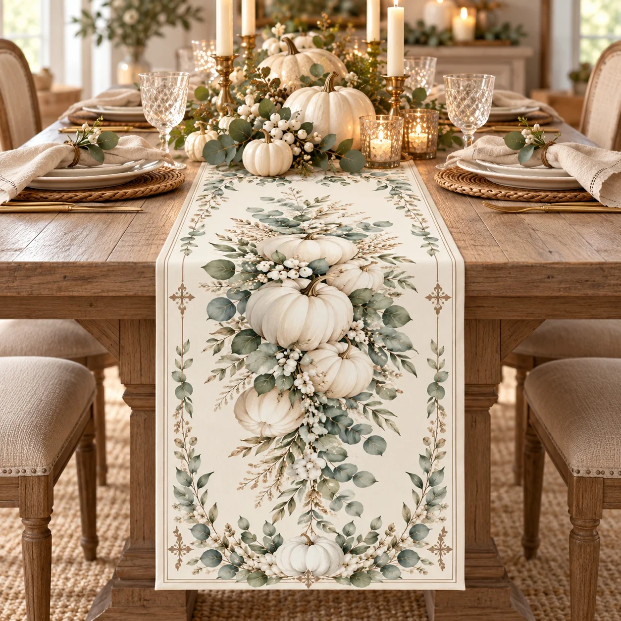 Fall White Pumpkin Table Runner Sage Green Eucalyptus Leaves Floral Autumn Harvest Thanksgiving Farmhouse Dining Table Decor