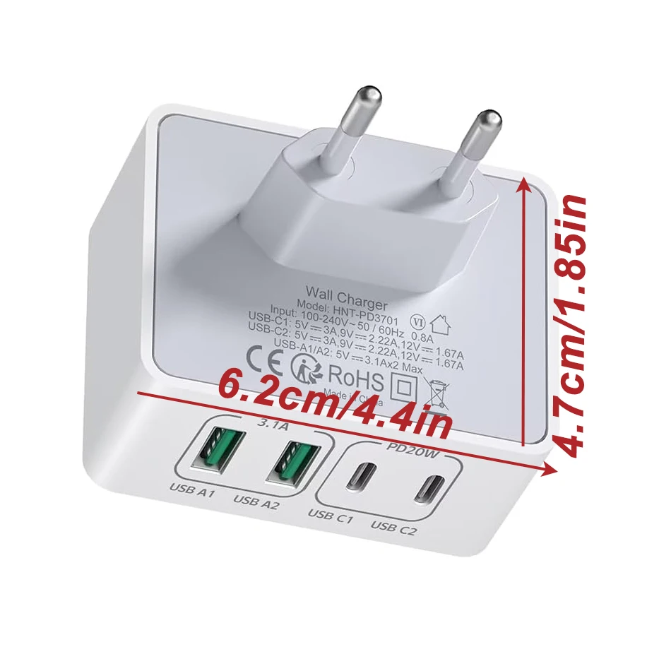 1pc USB C Charger, 40W 4 Port USBC Plug Fast Charger Multi AC Dual Port PD+QC Type C Adapter for Phone, iPad, Samsung Galaxy