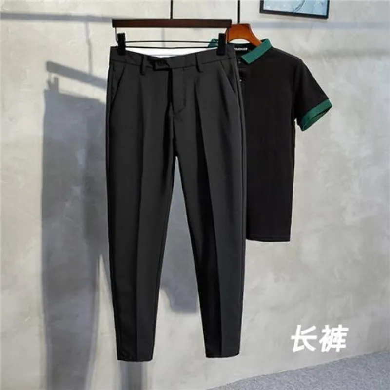 2024 Leisure Trend Versatile Summer Solid Color Zipper Pockets Men's High Waist Slim Fit Suit style small leg cropped pans