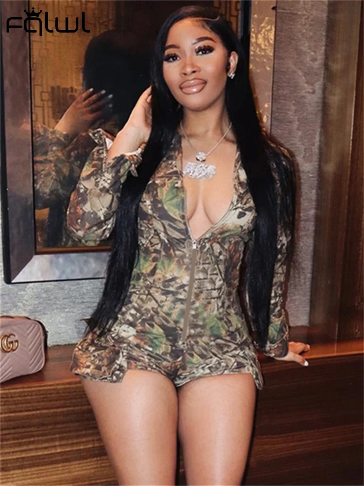 Habbris Winter Vintage Camouflage Print Romper Party Club Outfit For Woman 2024 Long Sleeve Cargo Side Pockets Zip Up Playsuit