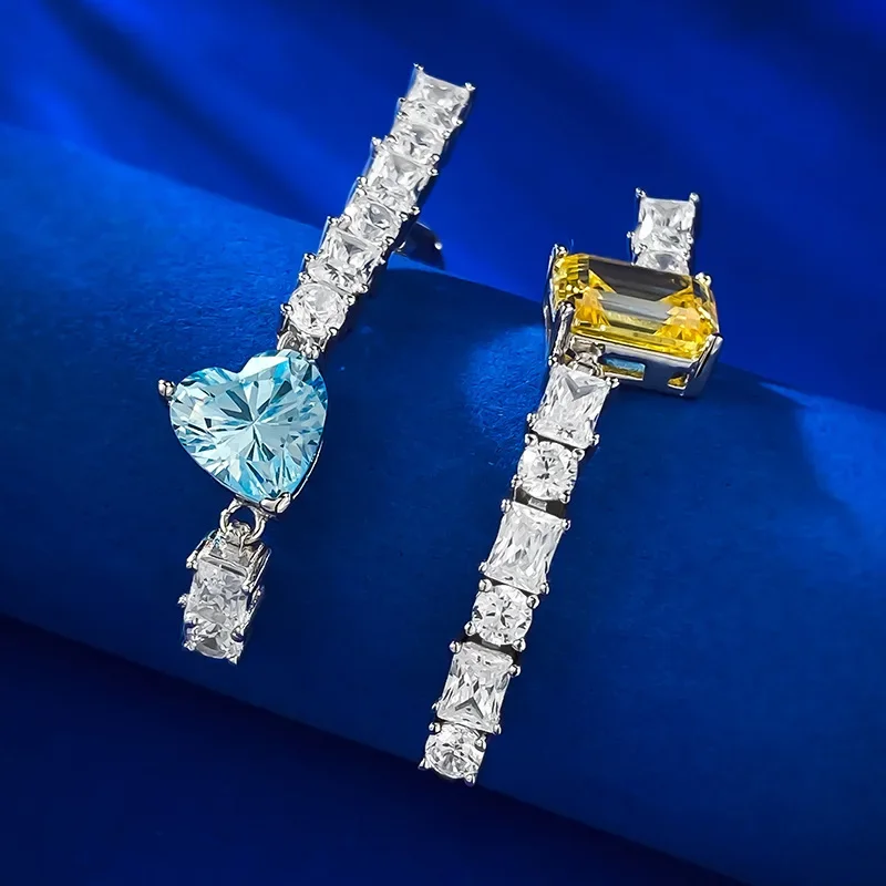 Pendientes de tira larga de color de contraste brillante europeo y americano, pendientes de amor azul marino de diamante amarillo, un par