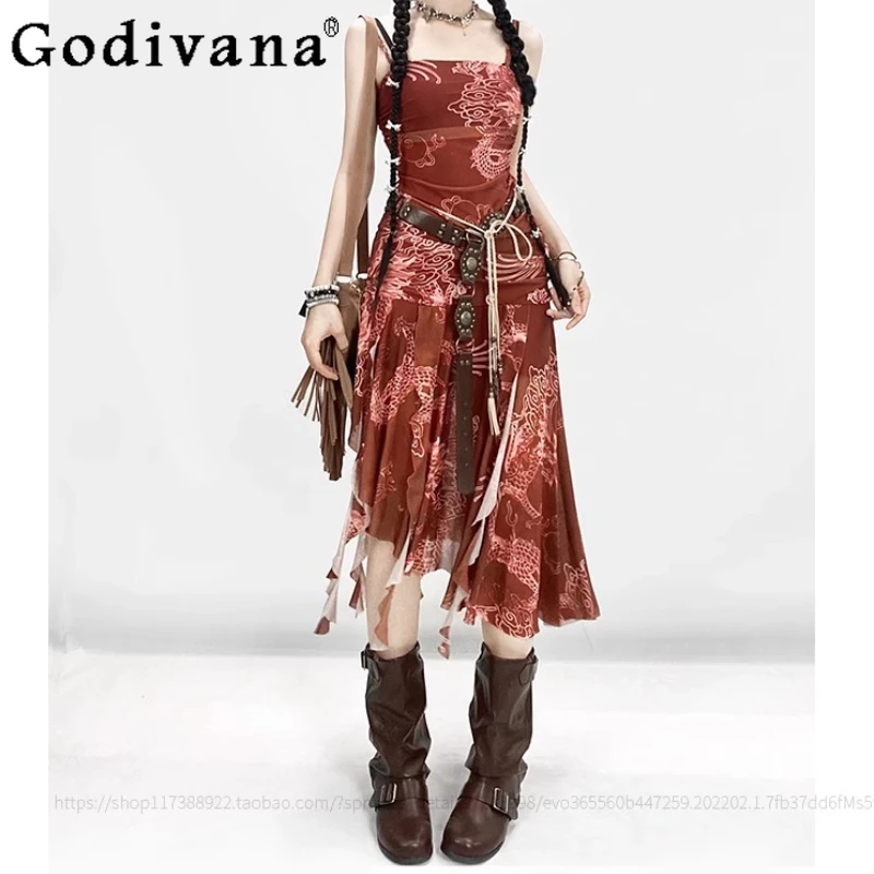 

National Style New Chinese Sexy Print Ruffles Suspender Dress Red Retro Women's Summer New Cool Irregular A-word Long Dresses