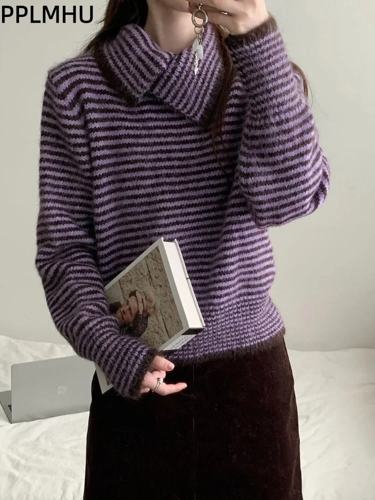 

Полосатая водолазка, утолщенный вязаный свитер, женский повседневный мешковатый модный мягкий свободный новый теплый трикотаж, пуловеры