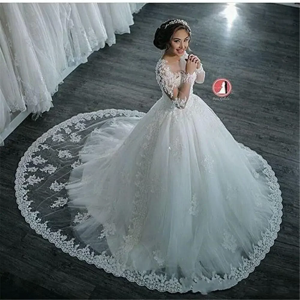 Vestidos De Novia elegantes De manga larga personalizados De Dubái, vestidos De Novia transparentes con cuello redondo y Apliques De encaje con cuentas, vestidos De Novia