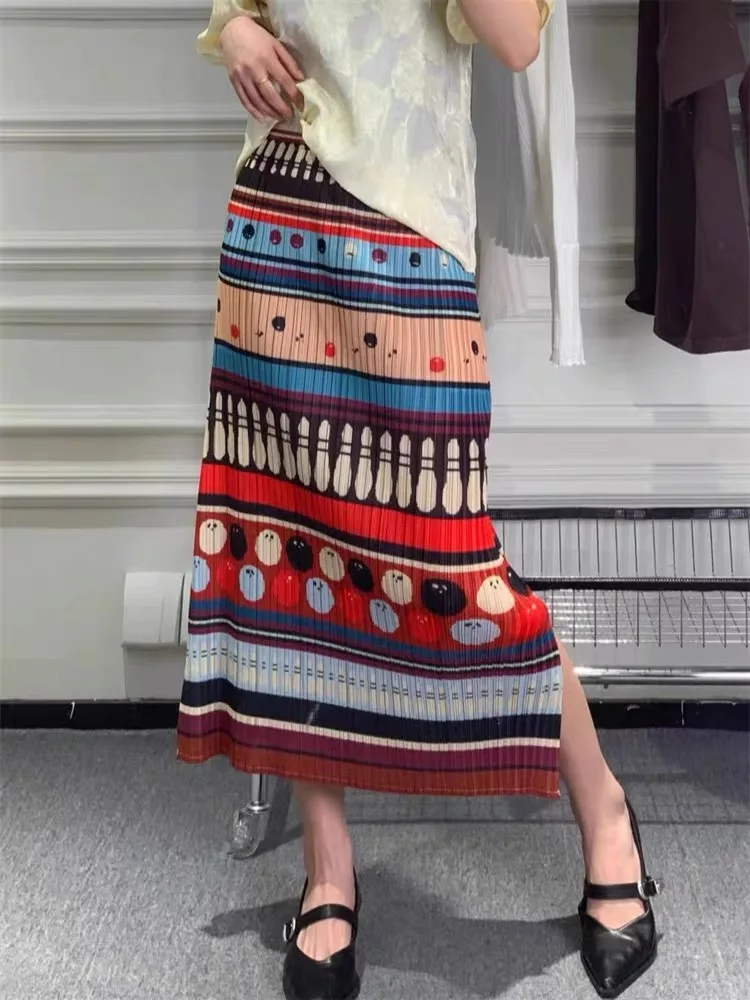 

Ele Straight Cut Midi Skirt Faionable Retro Color Blo Tee-Island Sle Commute Print Thin Material mid Waist Skirt