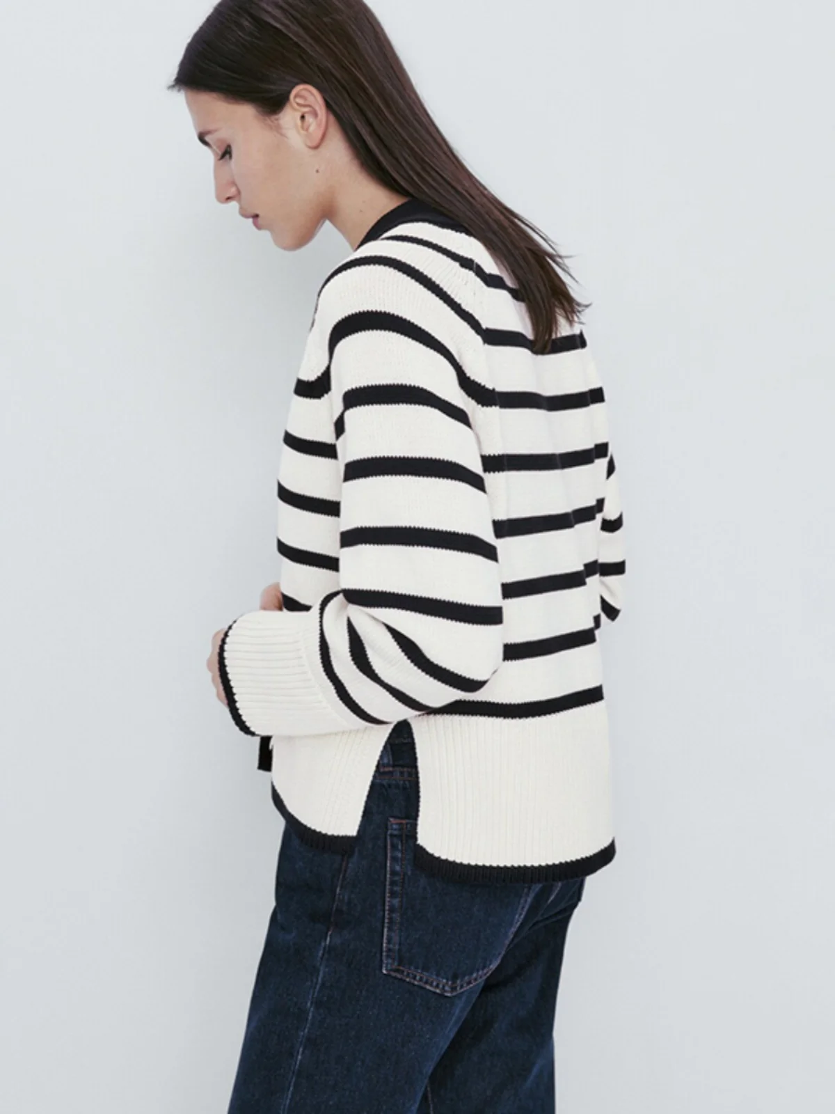 

Осень 2023, новый женский высококачественный вязаный кардиган в полоску MD, свитер V-Ne Long Sve, хлопковый прямой крой на пуговицах Faion