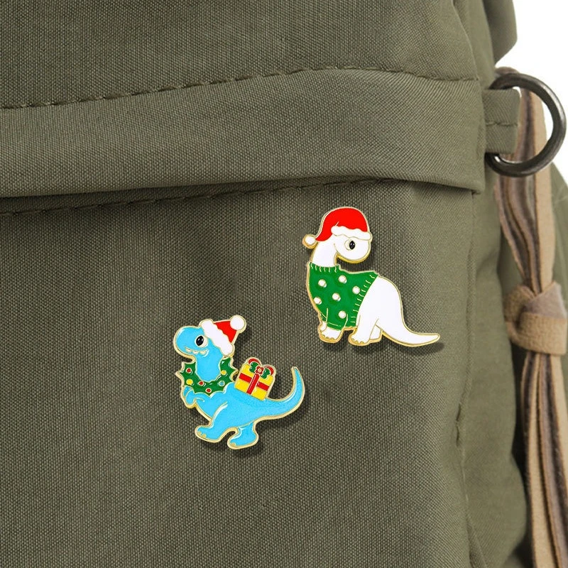 Cute Cartoon Dinosaur Christmas Brooch Creative Student Metal Badges Pins DIY Clothes Bags Hat Scarf T-shirt Jeans Accessories