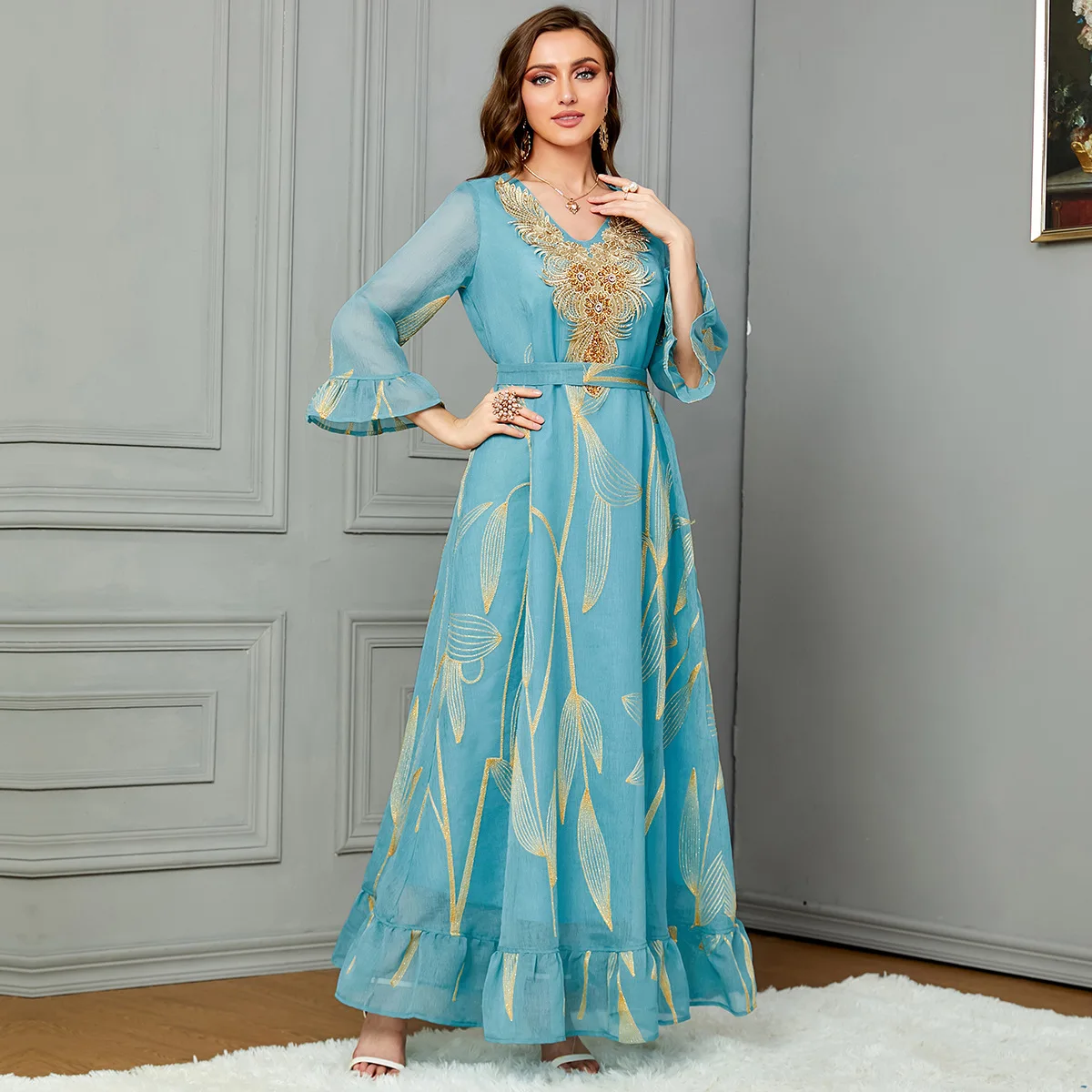 Robe longue brodée pour femmes musulmanes, ample, Dr dubaï, en Fiber d'acétate, t-shirt transfrontalier du moyen-orient, saison printemps 00%