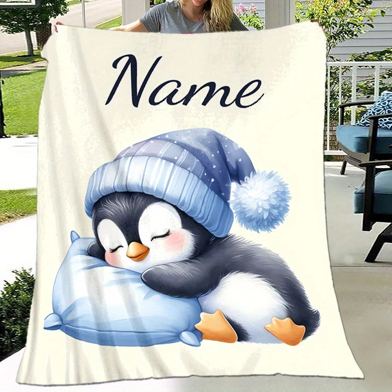 custom name sleeping penguin blanket,soft and reversible,suitable for sofa or bed,modern design suitable for all four seasons