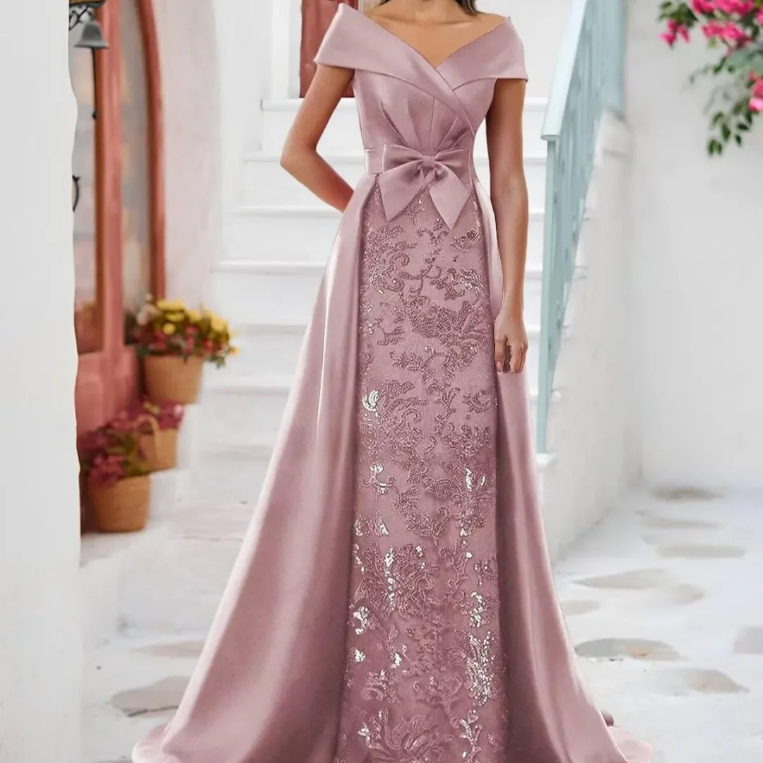 

Mermaid Off The Shoulder Formal Dress with Bow Sequin Lace Mother of The Bride Dresses for Women Customized