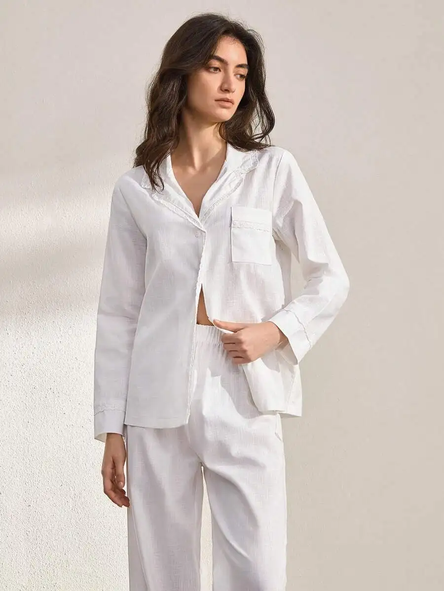 

Women Solid Color Minimalist Lapel Button-Up Pajama Set With Lace Trim