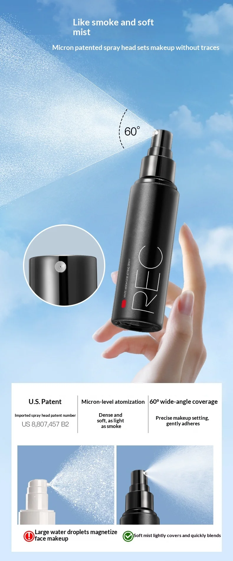 REC setting spray, soft mist lock makeup, long-lasting oil control and moisturization, not easy to take off makeup, portable