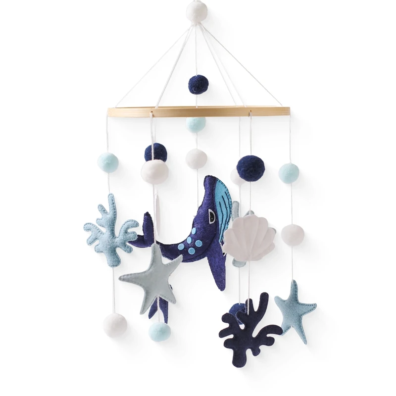 Brinquedo de madeira do chocalho do bebê recém-nascido, Mobile Ocean Felt Bell, Brinquedos suspensos, Suporte de cama Bell Holder, Presente infantil do berço, 0-12 meses