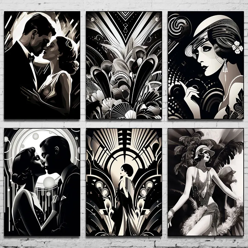 Roaring 20s Wall Art Gatsby Style Flapper Jazz Age Poster Black White Vintage Glamour Pattern Canvas Painting Room Home Decor