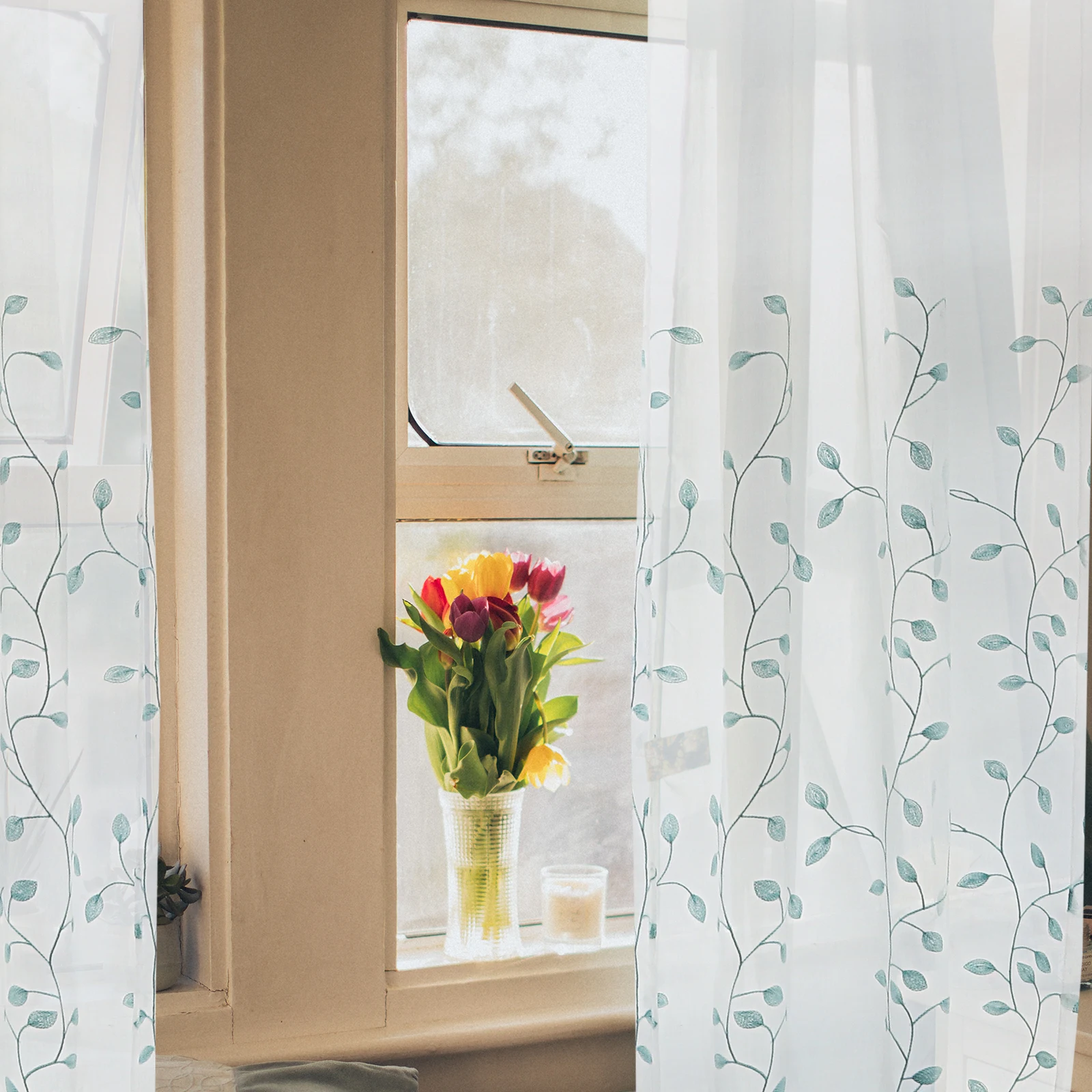

2pcs Window Curtain Panels Leaf Gauze Voile Light Filtering Drapes Decorative Sheer Curtains for Room Polyester