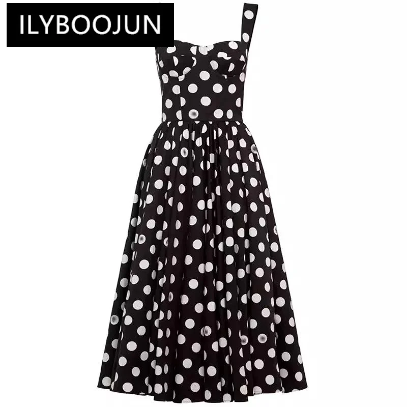 

ILYBOOJUN Fashion Summer Pretty Women's dress Square-Neck Dress Spaghetti Strap Backless Dots Print High waisted Cotton Dresses