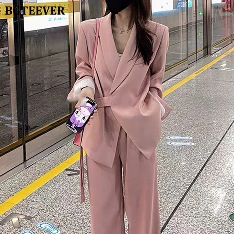 BGTEEVER Stylish Women Blazer Set Long Sleeve Lace-up Jackets & Wide Leg Trousers Suits Women Autumn Pant Suits Female Outfits