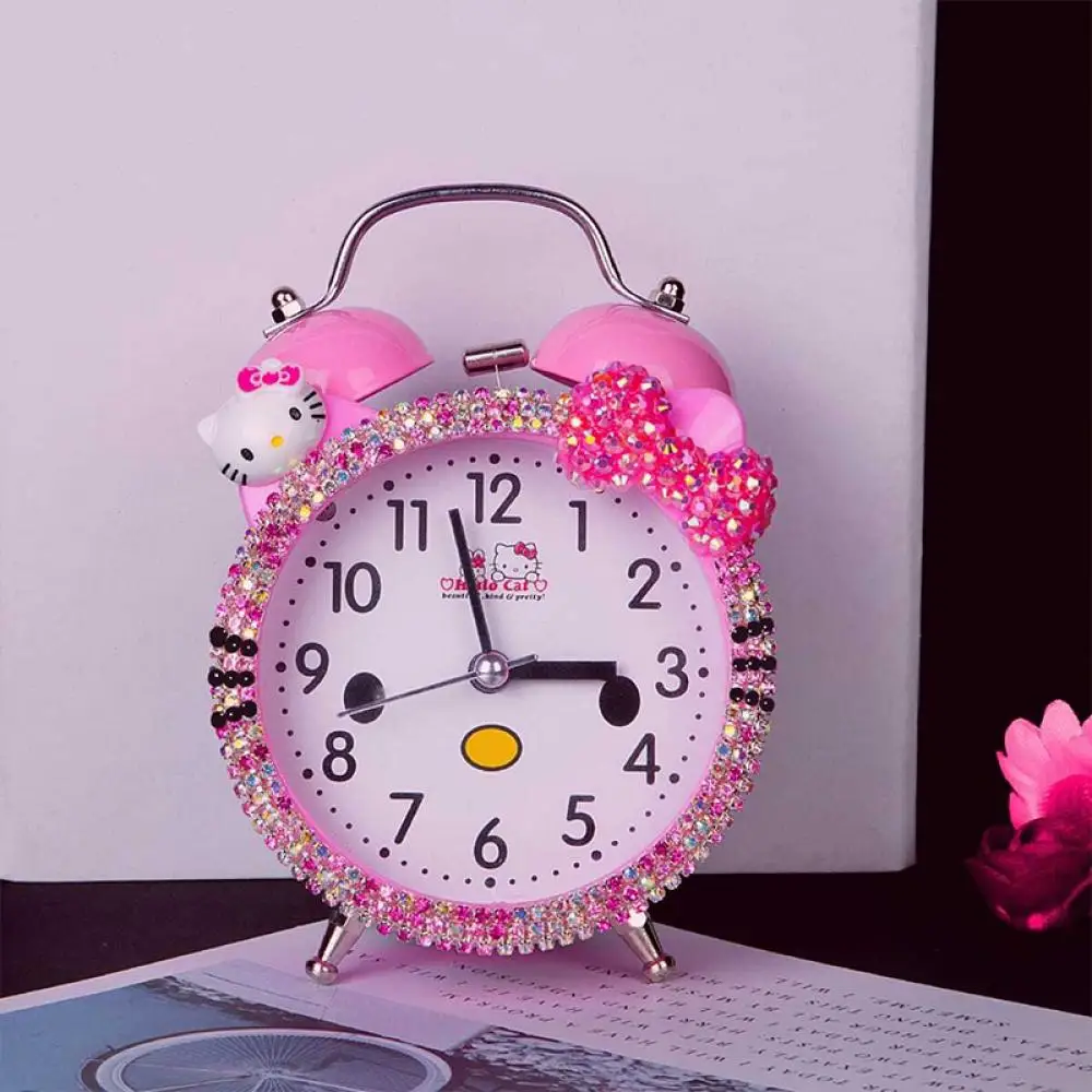 

Alarm Clock Kawaii Sanrio Hello Kitty Clock Anime Figure Rhinestones Bedside Mute Dormitory Student Child Household Bedroom Gift