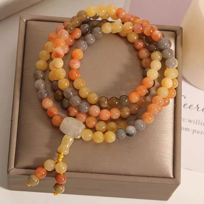 

Natural Xinjiang Golden Jade Bracelet Temple Bless Prayer 108 Beads Rosary Jewelry Fine Gifts Multi-Circle Jade Retro HandString