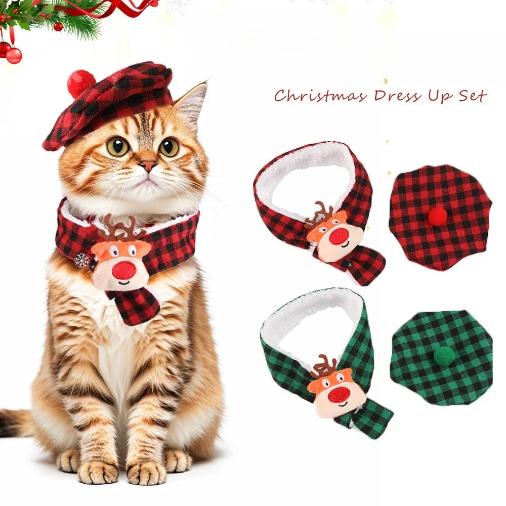 Winter Pet Xmas Costume Set 3D Antler Hat Plaid Scarf Polyester Warm Outfit for Small Dogs Cats Holiday Party Pet Dress Up