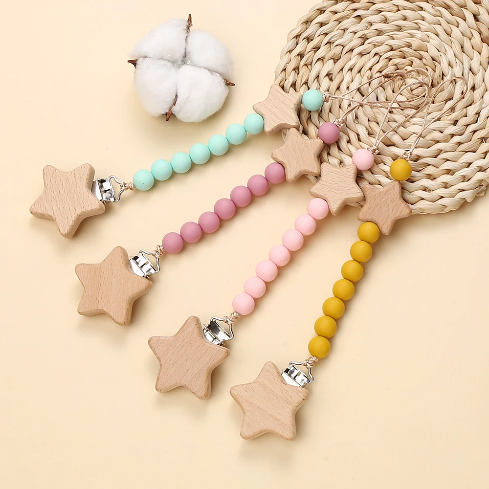 New Wooden Pentagram Beech Clip Baby Pacifier Chain Silicone Beads Dummy Nipple Holder Guard Teether Pendant Newborn Toys Gift