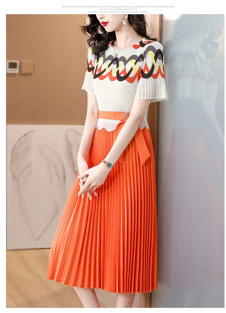 Pleated Lapel Belt Dress Women 2024 Spring New Original Designer Short Sleeve Cardigan Long Dress