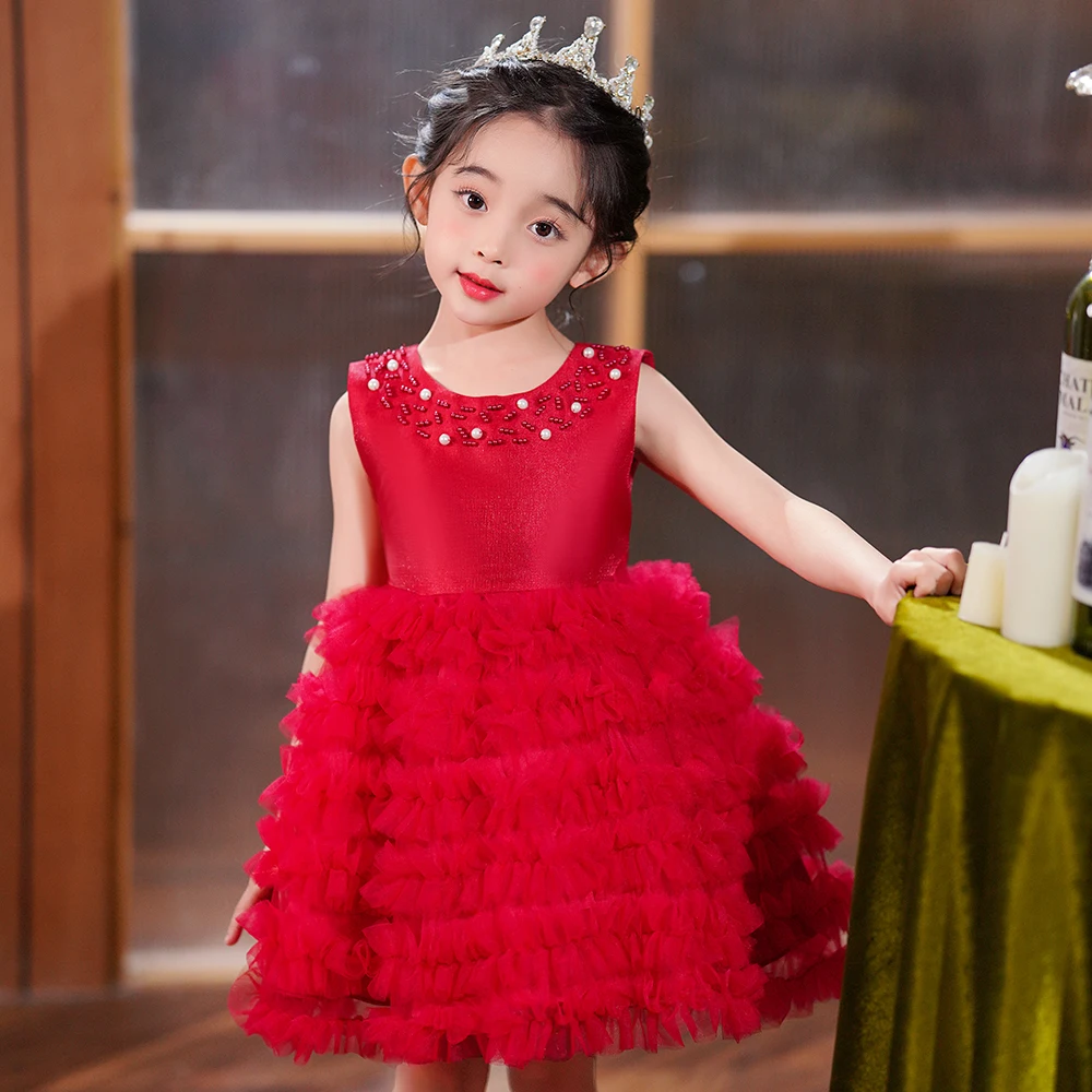 Vestido escalonado de satén para niña, traje de princesa con flores, color blanco, Rosa y Rojo, ideal para fiesta de cumpleaños y boda, Verano