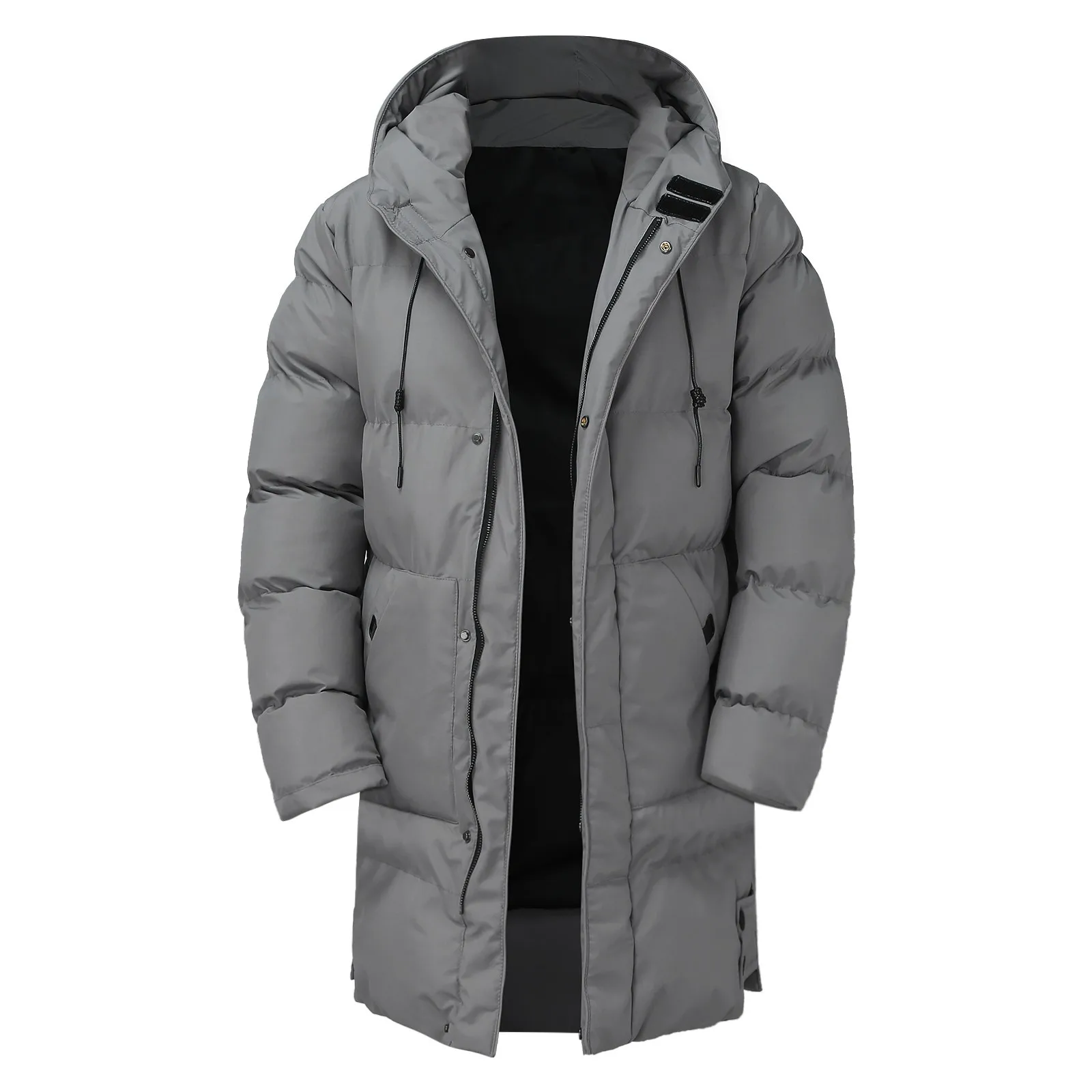 Hooded Winter Down Coat for Men Parkas Thickened Solid Color Padded Cardigan Midi Length Zip Up Men\'s Coat For Daily Wear