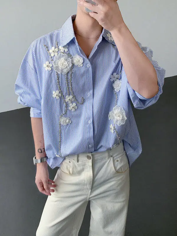 

Мужская рубашка TANGZ Studio с вышивкой в виде ромбовидных полос, ручной работы, из плотной ткани, свободного кроя, с длинным рукавом, модная, в городском стиле, для весеннего сезона