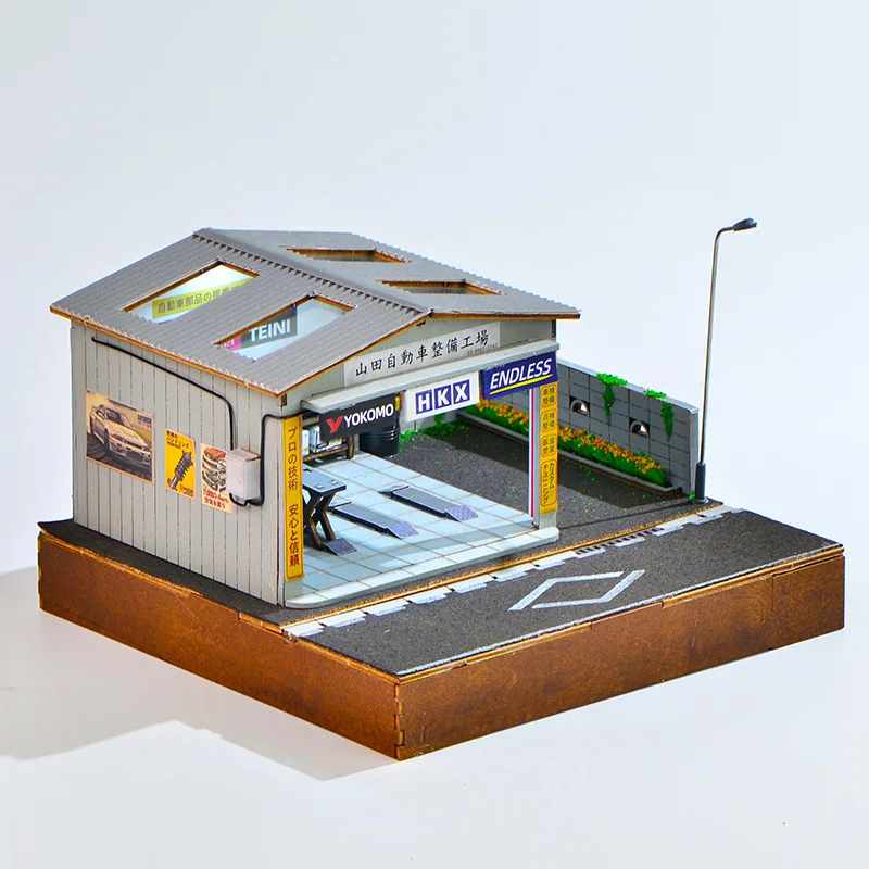 Kit modello di officina per auto fatta a mano in scala 1:64 - Scena di garage con illuminazione a LED, diorama in miniatura e giocattolo da costruzione per hobbisti