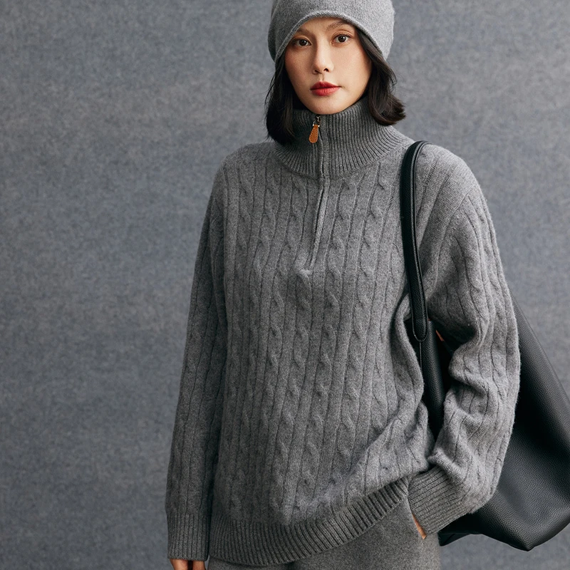 

Женский свитер с отложным воротником из 100% кашемира, осенне-зимний, толстый, на молнии до середины, с узором косы, повседневный свободный топ