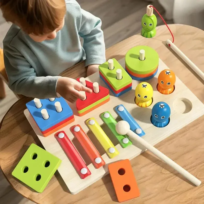 Montessori 3 in1 Wooden Toys Shape & Stacking Fishing Games Musical Instruments Puzzle Toys for Boys Girls Birthday Xmas Gift