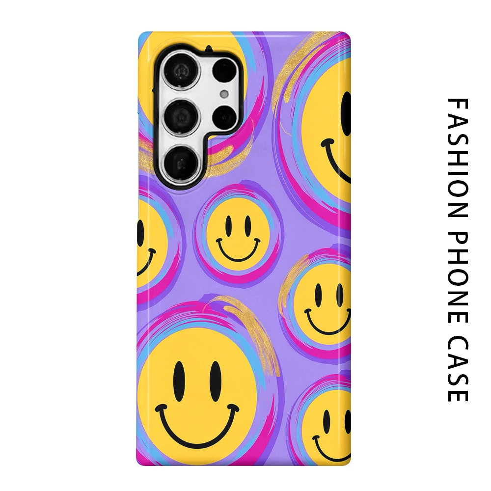 Glitter Smiley Phone Case for For Samsung Galaxy S26 S25 S24 S23 S20 FE A56 A36 Ultra Glossy HD Hard Cover Film Shell