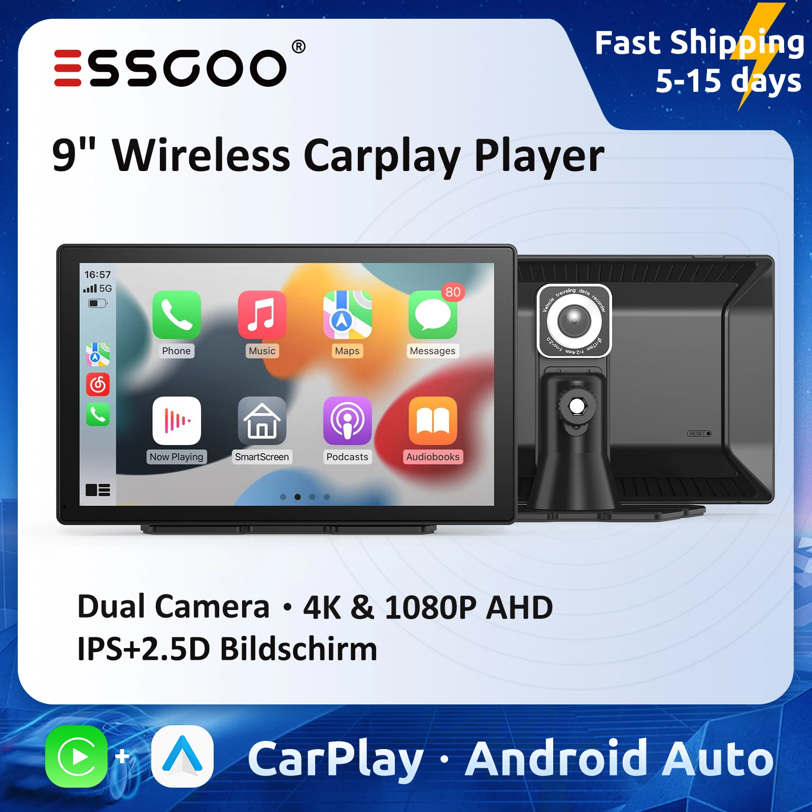 

ESSGOO 9 Inch Wireless Carplay Monitor Dual Camera 1080P 4K Portable Car Multimedia Player Car Mirror Android Auto Dashboard