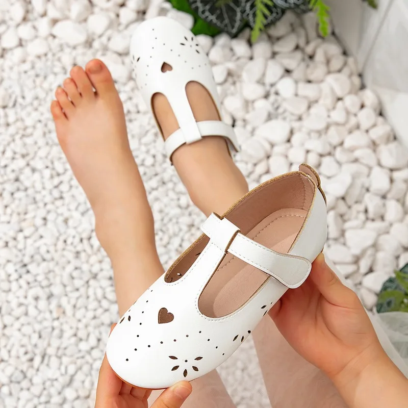 Mumoresip Girls T-Strap Dress Mary Jane Shoes Heart Hollow-out Children Leather Shoes White Wedding Party Kids Ballet Flat Shoes