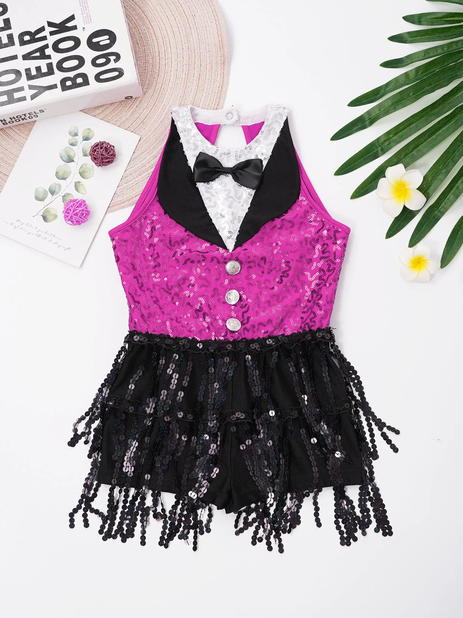 Sequins Tassel Leotard Dress for Moden Jazz Latin Performance Kids Girls Tango Cha-Cha Samba Tuxedo Bowknot Bodysuit Costume