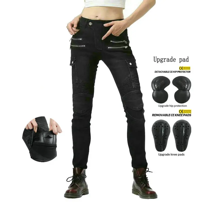 Loong Biker Female Motorcycle Riding Pants Motocross Little Slim Protection Jeans Knight Casual Protective Trousers Black