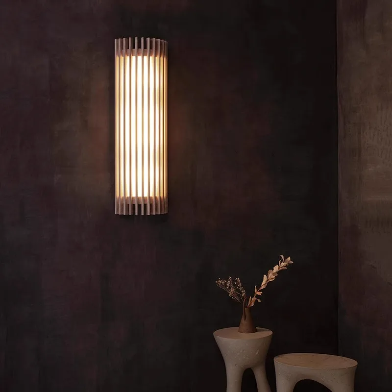 Imagem -03 - Wabi-sabi Estilo Walnut Wood Grid Wall Sconce Lights Simples Luzes Modernas para Quarto Cabeceira Sala de Jantar Corredor