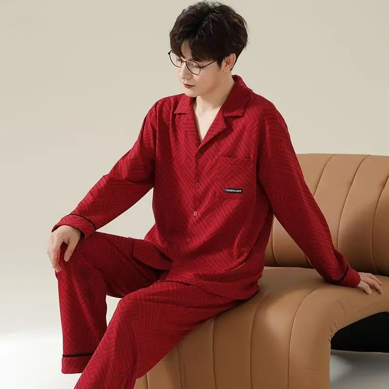 Pijamas casuales para hombres, pantalones largos versátiles casuales de primavera y otoño, mangas largas, cárdigan de solapa simple, conjunto cómodo de ropa para el hogar