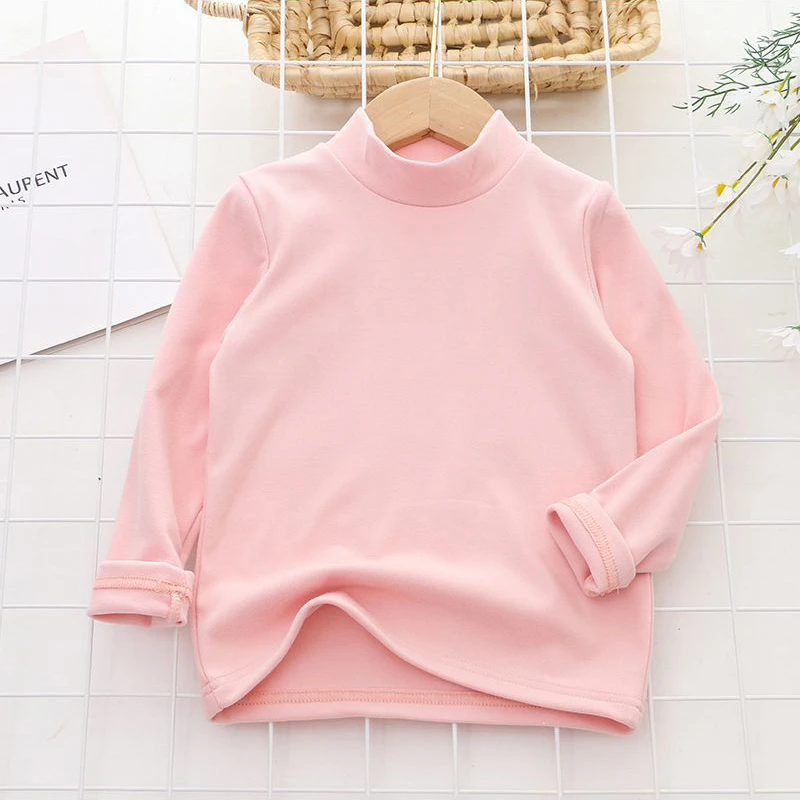 Girls T-shirt Solid Thermal Underwear Long Sleeve Casual Autumn Winter High Collar Thin Velvet Heating Tops 6 8 10 12 Years