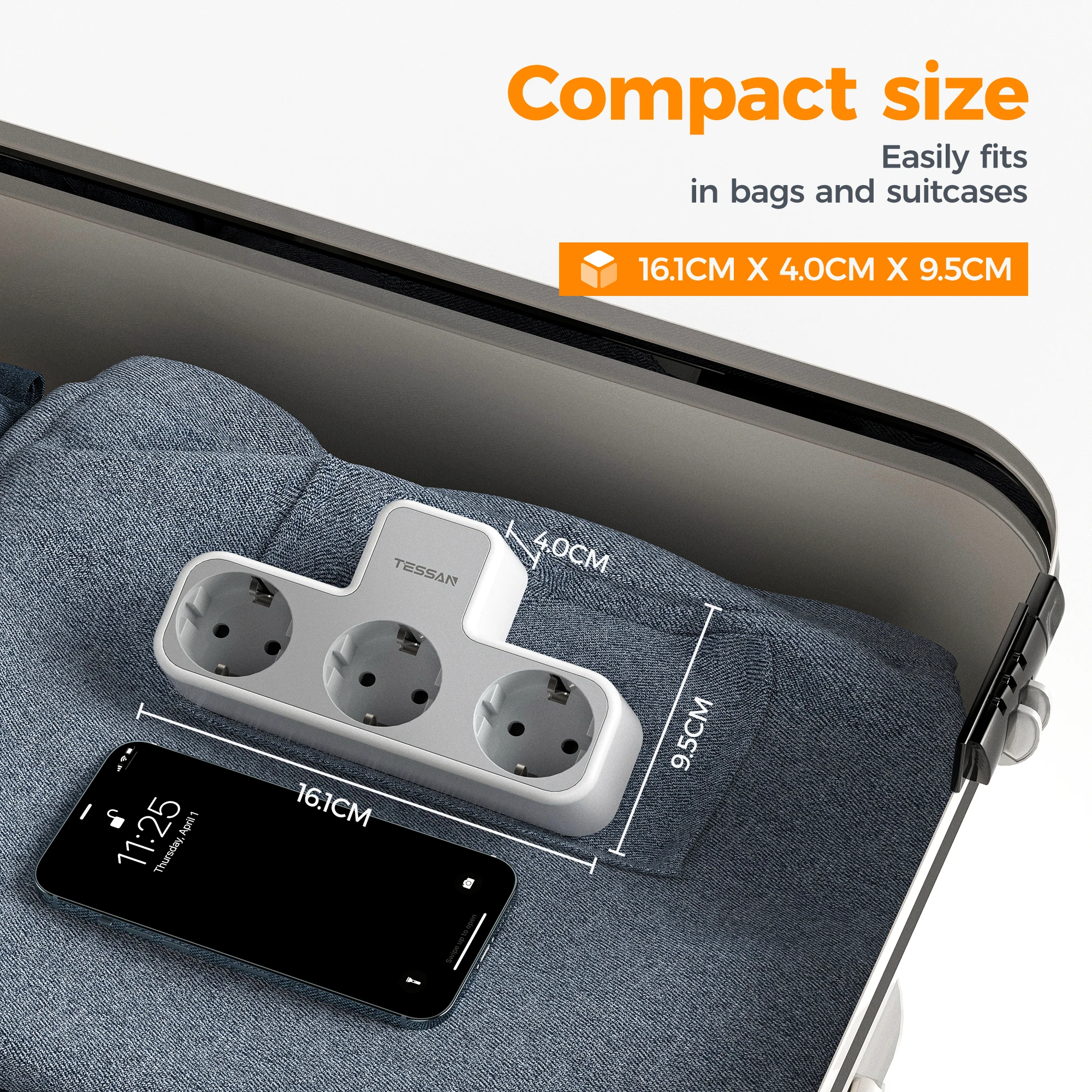 Adaptador de enchufe múltiple TESSAN con 3 salidas, extensor de enchufe europeo de 3600W con protección contra sobrecarga para el hogar y la Oficina