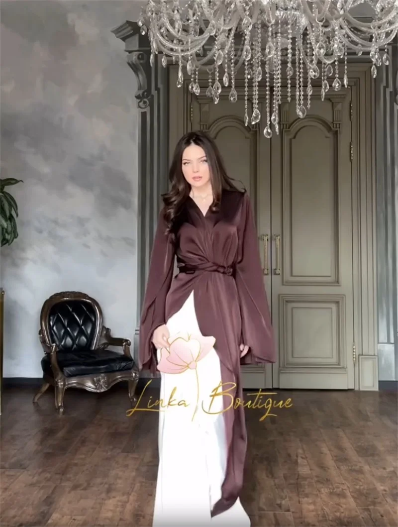 Bruin satijnen galajurk 2-delig blazer + rok damespak rok set volledige mouw lange gewaden formele optocht feest bruiloft avondjurk