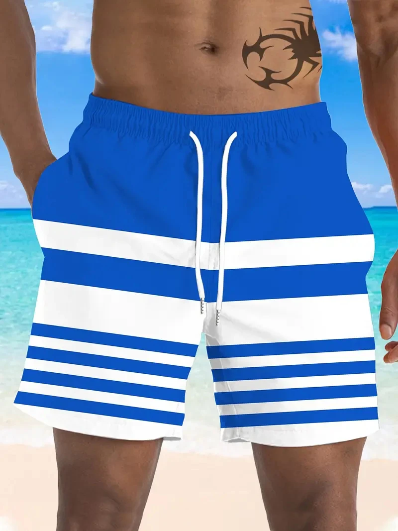 

Simple Fashion Striped Pattern Beach Shorts For Men Summer Casual Daily Wear 3D Printed Short Pants Loose Breathable Swim Trunks